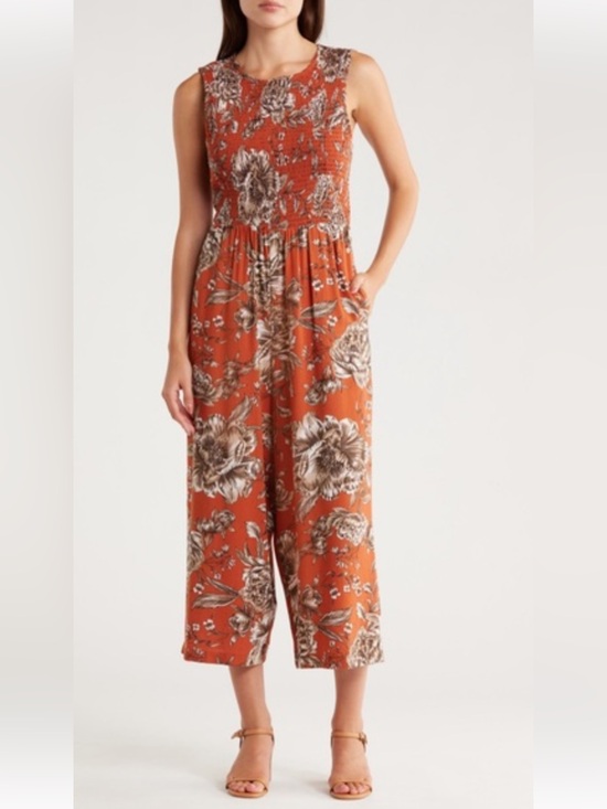 Calvin Klein Pants - Calvin Klein Sleeveless Rust Floral Wide Leg Cropped Jumpsuit, Smocked Bodice
